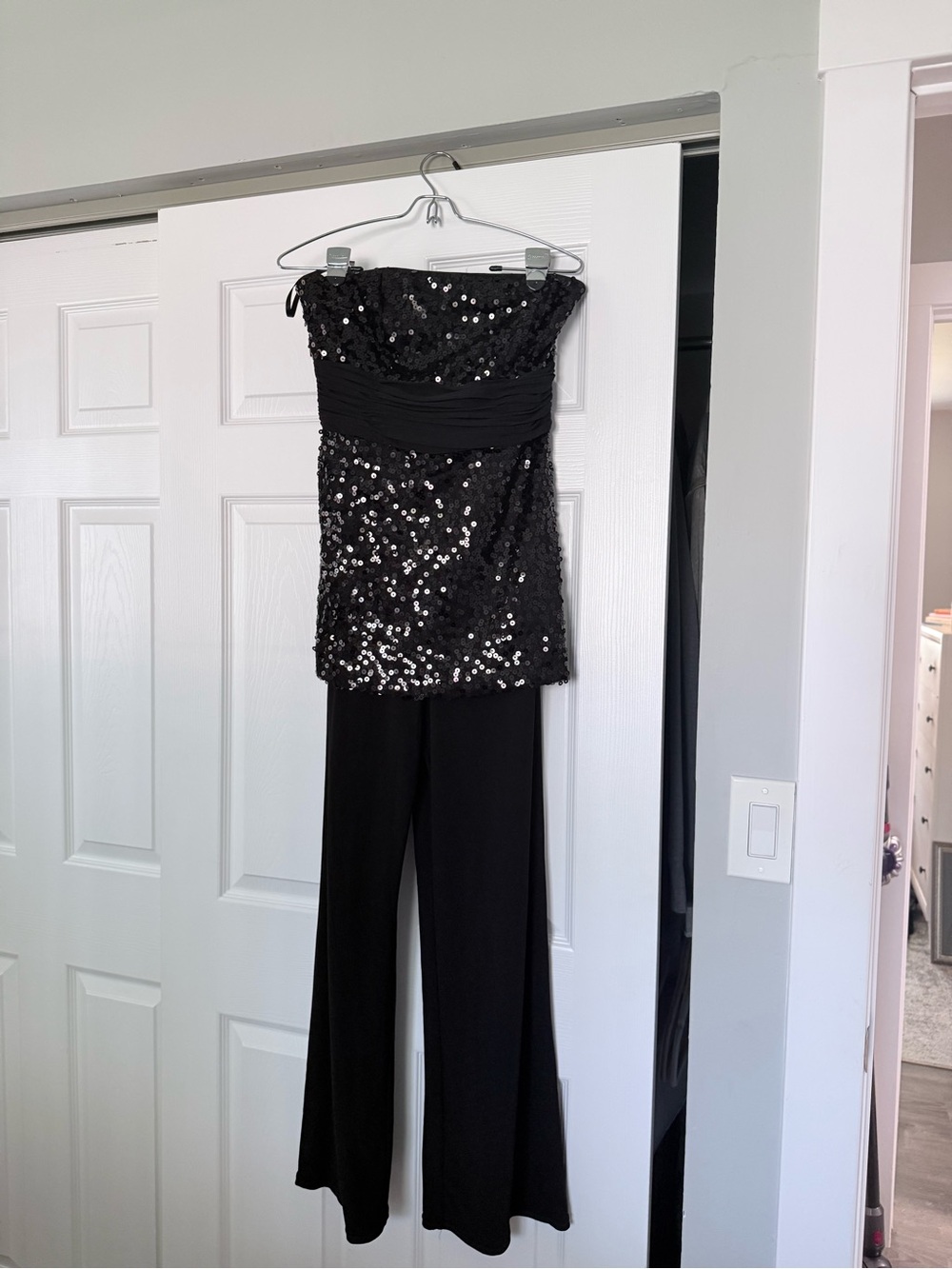 White House Black Market Black Sequin Strapless Jumpsuit with Wide Legs